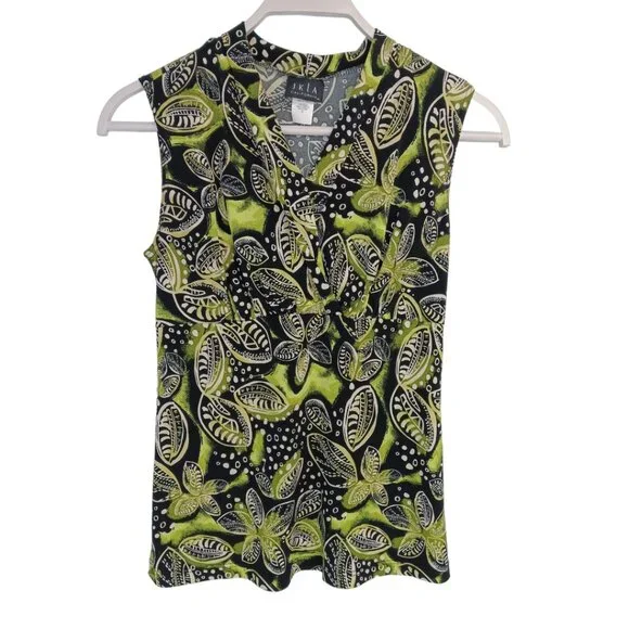 JKLA- Sleeveless Tank Stretch Light Faux Wrap collar-Lime Green-Black-Cream - Picture 1 of 16